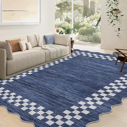 GarveeHome Washable Rug 5x7 for Living Room Large Bedroom Scalloped Rug Non Slip Stain Resistant Modern Border Throw Carpet Soft Boho Rug for Dining Room Nursery Home Office, Blue