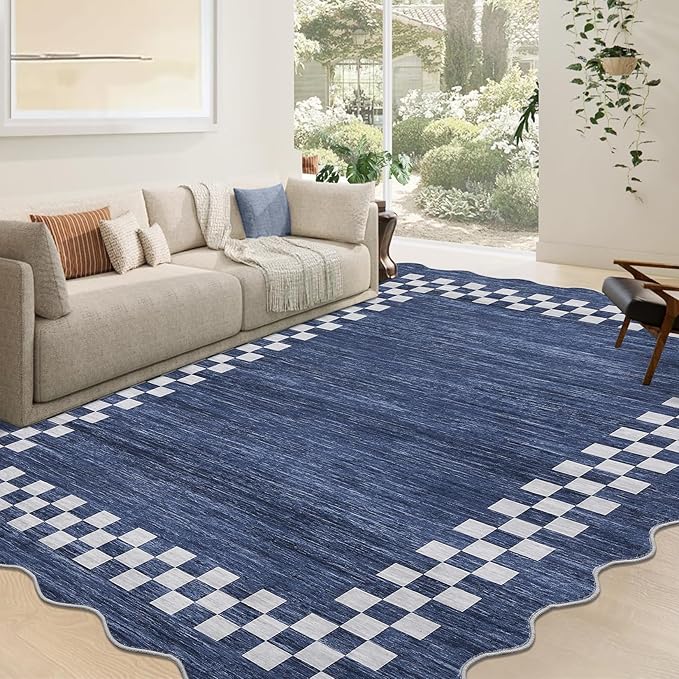 GarveeHome 8x10 Area Rug for Living Room Scalloped Washable Large Bedroom Rug Non Slip Stain Resistant Modern Border Dining Room Throw Carpet Scalloped Boho Rug for Home Decor Office Nursery, Blue