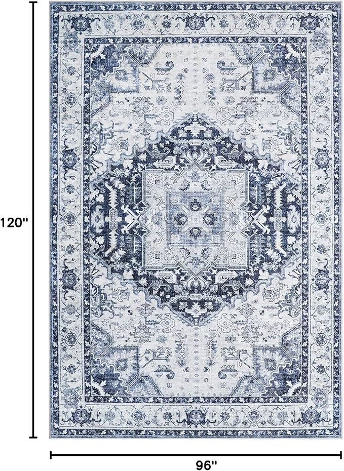 8x10 Area Rugs for Living Room, Machine Washable Non Slip Vintage Rug, Non-Slip Stain Resistant, Large Soft Home Decor Rug for Bedroom Dining Room (Navy/Blue,8'x10')