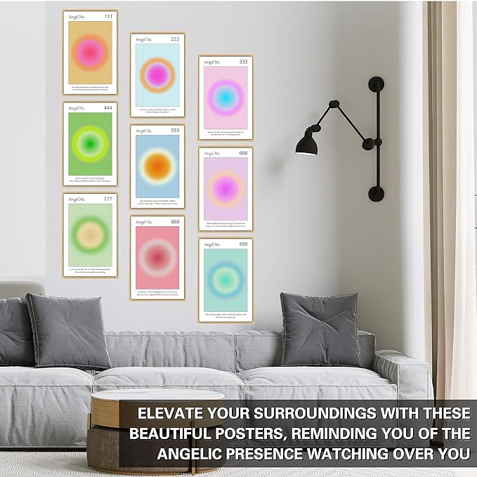 Aura Angel Numbers Poster Sets of 9 for Home Room Decor Aesthetic - Minimalist Wall Art, Positive Inspirational Quotes Poster Prints, and Aesthetic Posters for Bedroom - 11x17 in. Laminated, No Frame