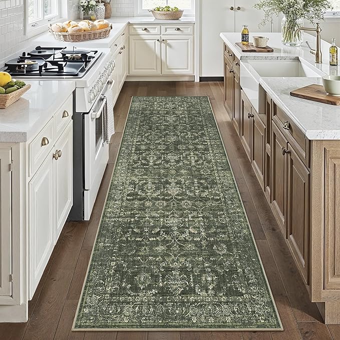 3x8 Green Runner Rug Hallway Washable Area Rugs Kitchen Vintage Boho Non Slip Long Rug Floral Carpet Indoor Retro Soft Low Pile Throw Rug for Bedroom Bathroom Laundry Dining Living Room Office