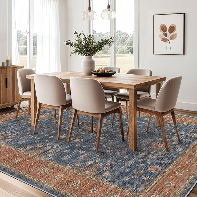 7x9 Area Rug for Living Room- Machine Washable Soft Oriental Vintage Large Indoor Floor Carpet for Bedroom Under Dining Table Home Office Decor - Blue Terracotta