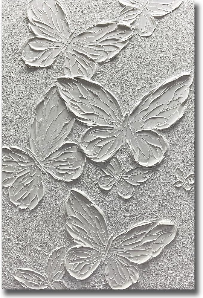 Boiee Art,24x36Inch Hand-Painted Textured Butterfly Vertical Wall Art Abstract Pure White Oil Paintings Modern Contemporary Wall Art Framed Ready to Hang for Home Decorations