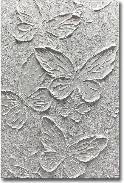 Boiee Art,24x36Inch Hand-Painted Textured Butterfly Vertical Wall Art Abstract Pure White Oil Paintings Modern Contemporary Wall Art Framed Ready to Hang for Home Decorations