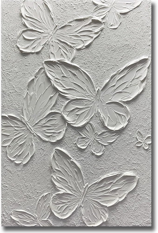 Boiee Art,24x36Inch Hand-Painted Textured Butterfly Vertical Wall Art Abstract Pure White Oil Paintings Modern Contemporary Wall Art Framed Ready to Hang for Home Decorations