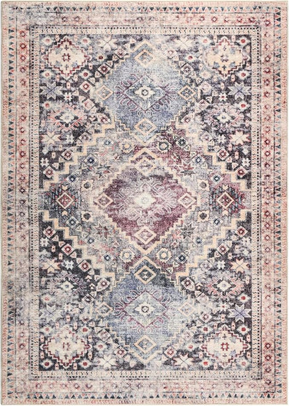 YOH Boho Washable Rug 4x6, Mauve Grey Vintage Non Slip Area Rug, Distressed Indoor Carpet for Living Room Bedroom Kitchen Office