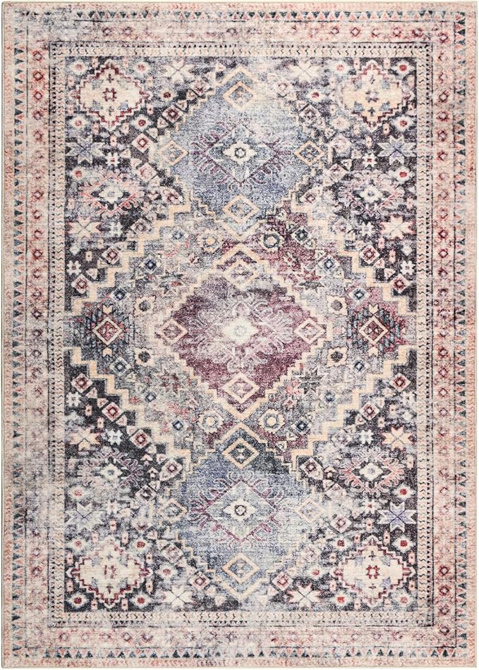 YOH Boho Washable Rug 9x12, Mauve Grey Vintage Non Slip Area Rug, Distressed Indoor Carpet for Living Room Bedroom Kitchen Office