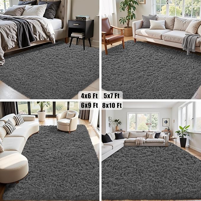 5x7 Area Rug for Living Room:Ultra Soft Fluffy Shag Dark Grey Rugs,Large Fuzzy Plush Indoor Non Slip Carpet Washable Rug for Bedroom Kids Nursery Office Dorm Modern Decor(Dark Grey 5'x7')