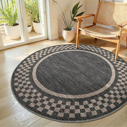 4ft Washable Round Rug for Entryway Modern Checkered Bedroom Circle Rug Non Slip Soft Dining Room Round Throw Carpet Small Stain Resistant Border Round Rugs for Living Room Kitchen Bathroom, Black