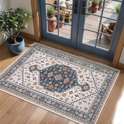 Tangsoo Vintage 2x3 Entry Washable Rug for Entryway,Indoor Door Rug Small Throw Mat Blue Beige Low Pile Soft Entryway Carpet for Front Porch Entrance Kitchen