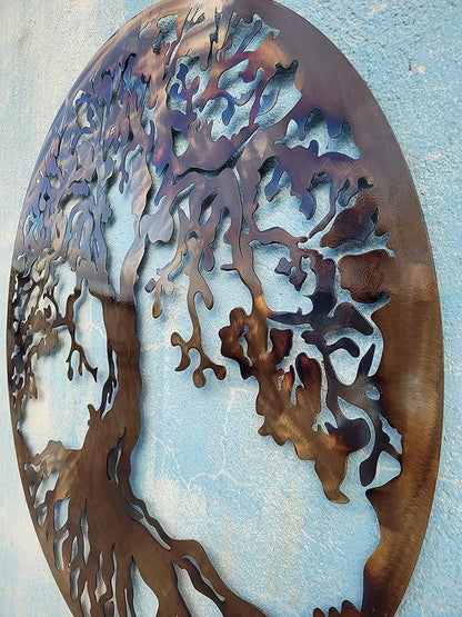 36” Tree of Life Metal Wall Art – Large Round Statement Wall Decor for Living Room Above Couch – Premium Laser-Cut Steel, Vibrant Heat Color Finish