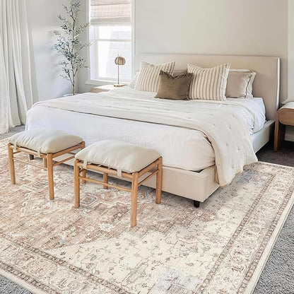 Boho Farmhouse Bedroom Rug 6x9 Washable Easy Clean Stain Resistant Vintage Country Rustic Neutral Earth Tone Area Rug for Dining Room Under Table, Light Tan Brown Beige with Rust Terracotta Pattern