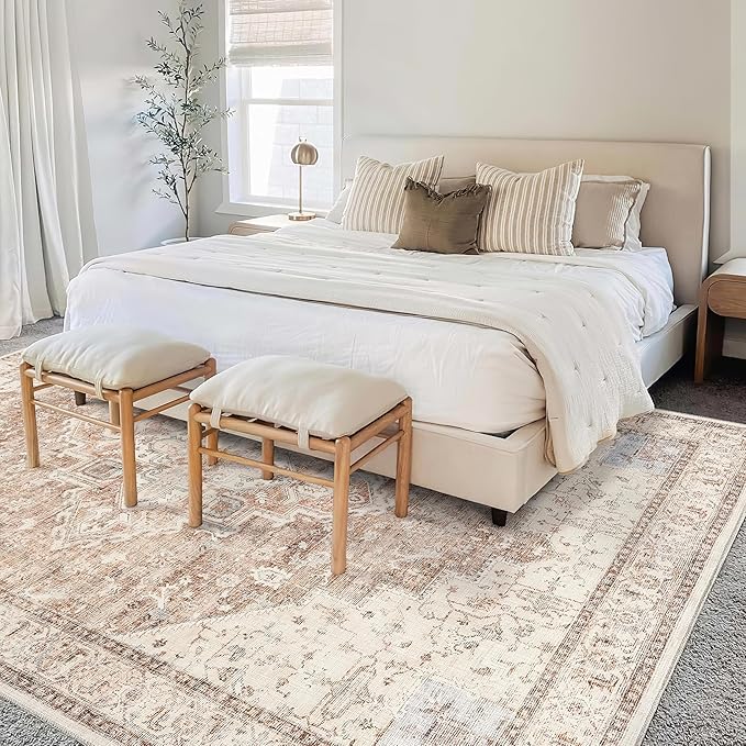 BILEEHOME Boho Neutral Living Room Rug 5x7,Washable Vintage Rustic Earth Tone Modern Farmhouse Persian Area Rugs for Dining Room Bedroom, Light Tan Brown Beige with Rust Terracotta Pattern
