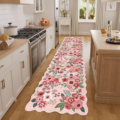 DUKINO 2x8 Washable Runner Rug, Lightweight Soft Floral Hallway Rug Runner with Low Pile Design, Non Shedding & Non Slip Backing Thin Indoor Carpet for Bedroom, Bathroom, Entrance, Kitchen, Pink