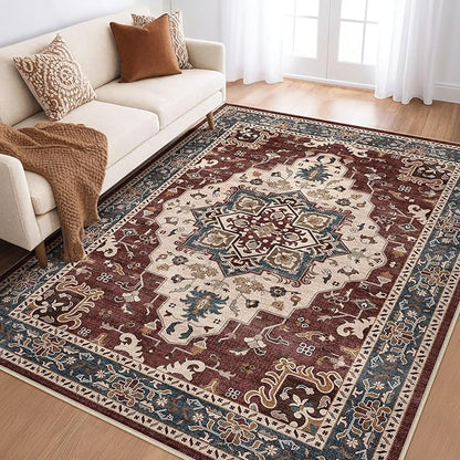 6x9 Area Rugs Living Room: Washable Boho Large Neutral Vintage Soft Rug Stain Resistant Farmhouse Non-Slip Indoor Floor Retro Carpet for Bedroom Nursery Kids Office Dining Room- Burgundy