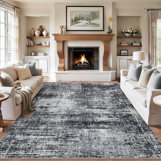 Area Rugs 10x12 Living Room - Washable Rug Modern Abstract Soft Large Neutral Non-Slip Carpet Indoor Floor Thin Carpets for Bedroom Dining Room Farmhouse Nursery Home Office Dark Black
