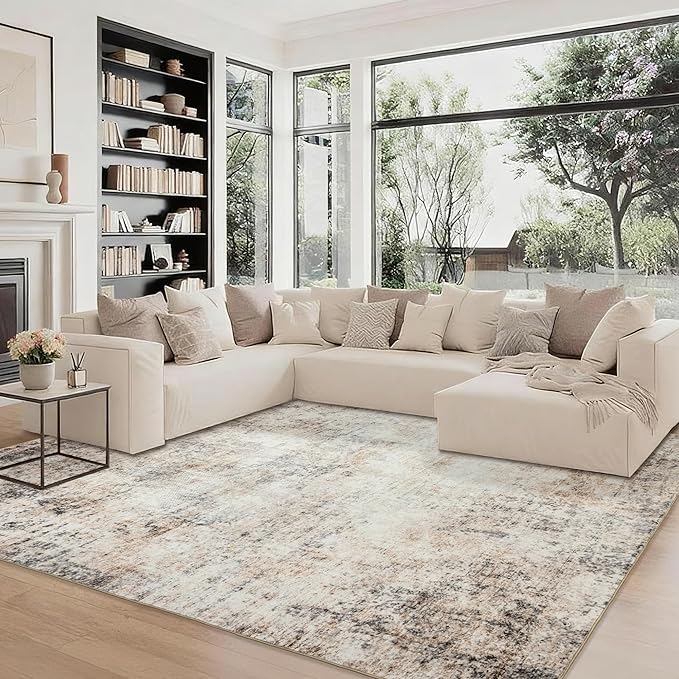 Area Rugs 9x12 Living Room: Wahsable Rubber Backing Abstract Rug for Bedroom Dining Room - Large Soft Thin Easy Clean Neutral Indoor Carpet - Contemporary Home Decor -Beige Brown