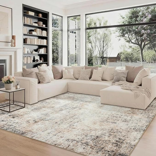 Area Rugs 9x12 Living Room: Wahsable Rubber Backing Abstract Rug for Bedroom Dining Room - Large Soft Thin Easy Clean Neutral Indoor Carpet - Contemporary Home Decor -Beige Brown