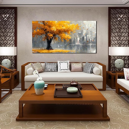 Large Yellow Tree Canvas Wall Art for Living Room Yellow and Grey Tree of Life Wall Art for Bedroom Office Modern Framed Canvas Prints Size 29x59