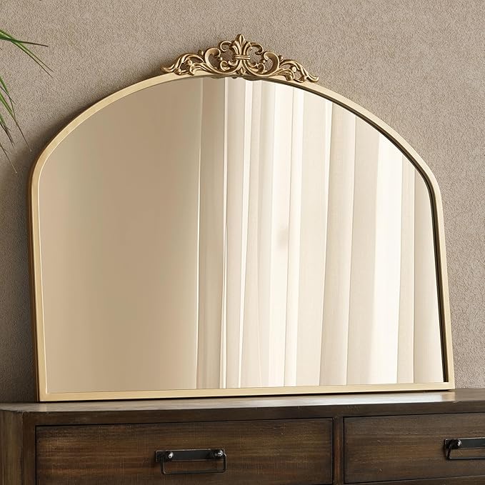 Gold Vintage Arched Wall Mirror 36x29 Antique Baroque Ornate Mirror with Carved Pattern Top and Metal Frame for Bathroom Living Room Entryway Fireplace Hallway