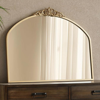 Gold Vintage Arched Wall Mirror 36x29 Antique Baroque Ornate Mirror with Carved Pattern Top and Metal Frame for Bathroom Living Room Entryway Fireplace Hallway