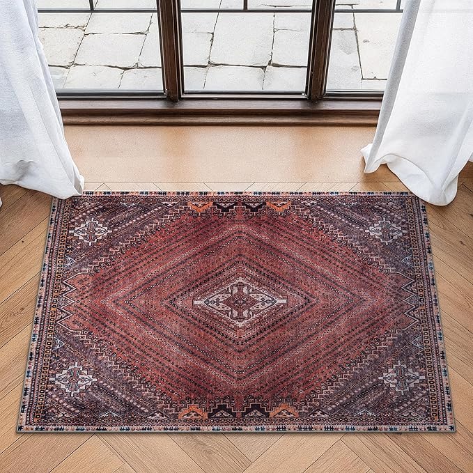 Bloom Rugs Washable Non-Slip 2' x 3' Rug - Red/Multicolor Traditional Bordered Area Rug for Living Room, Bedroom, Dining Room, and Kitchen - Exact Size: 2' x 3'