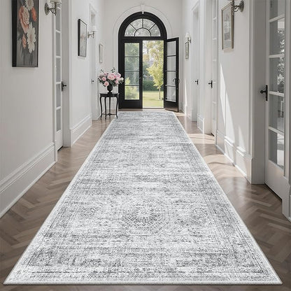 Soalmost Runner Rug 3x10 Washable Non-Slip Hallway Runner Rugs for Kitchen Bathroom Laundry Room Grey Vintage Floor Carpet Runners for Hallways Entryway