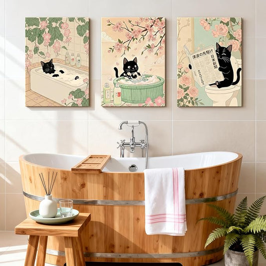WENGTIAO Japanese Bathroom Wall Art Set of 3 Funny Black Cat Wall Paintings Cute Japan Cat Prints Pictures Animal on Toilet Photo Home Decor for Bathroom Restroom Laundry Room 16”x24”x3