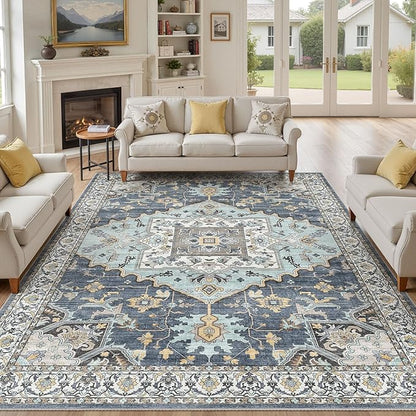 10x12 Washable Area Rugs for Living Room: Non Slip Vintage Blue Yellow Rug, Large Soft Stain Resistant Indoor Floor Carpets for Bedroom Dining Room Nursery Home Office Kid & Pet Friendly