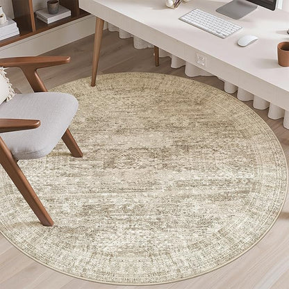 Soalmost 6x6 Brown Round Rug 6ft Living Room Circle Rug Vintage Round Area Rug Non Slip Indoor Carpet for Dining Room Bedroom