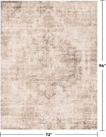 Hazo Haus Neutral Farmhouse Area Rug for Bedroom - 6x8 Washable Rug for Dining Room Table, Ultra-Thin Soft Textured Boho Indoor Decor, Fade & Stain Resistant