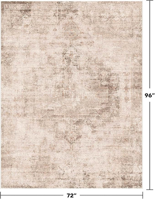 Hazo Haus Neutral Farmhouse Area Rug for Bedroom - 6x8 Washable Rug for Dining Room Table, Ultra-Thin Soft Textured Boho Indoor Decor, Fade & Stain Resistant