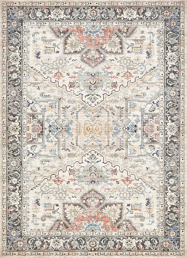 Area Rug for Living Room - 6x9 Soft Machine Washable Oriental Vintage Floral Distressed Large Indoor Floor Carpet for Bedroom Under Dining Table Home Office Decor - Multi