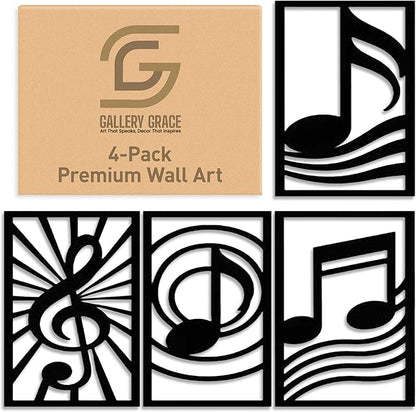 GALLERY GRACE Metal Wall Art Decor – 11" x 16" Set of 4 Single Line Abstract Wall Art for Living Room, Office, or Studio – Modern Minimalist Black Wall Decor with Music Note and Symbol Panels