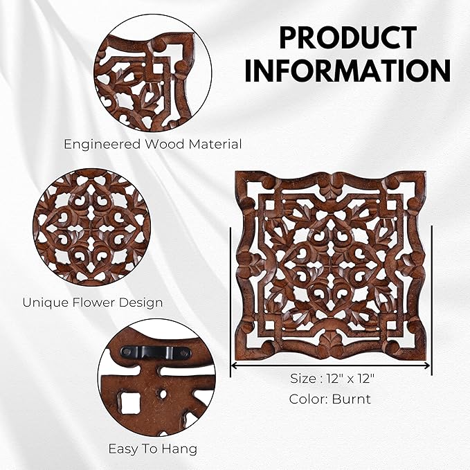 Wall Panels for Living Room & Bedroom – Hand-Carved Decorative Wood Wall Art Set of 6, 12x12" Natural Burnt Finish, Rustic Home Décor,Elegant Decorative Wall Art for Home & Office