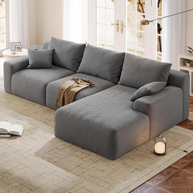 Homkdom L-Shaped Cloud Boneless Couch with Deep Seat, Modular Sectional Sofa with Oversized Chaise, 6 Layouts Combination for Living Room, Apartment, No Assembly (Grey Check, Right Facing Chaise)