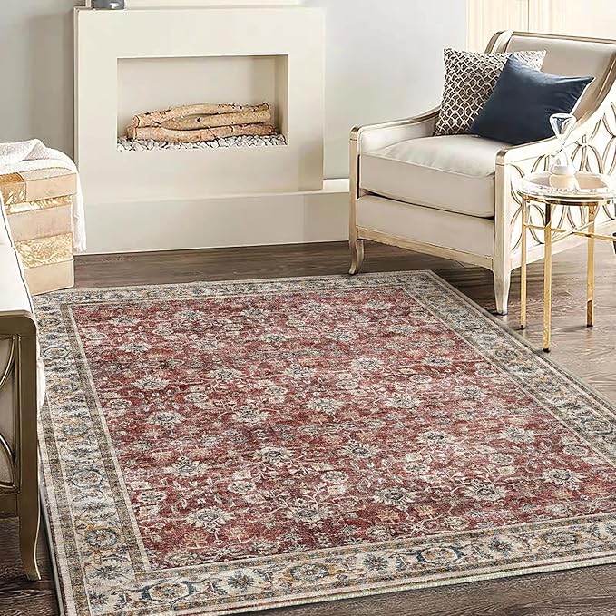 CHAMPLANT Washable Area Rug 4'x6' Traditional Floor Cover Foldable Thin Rugs Retro Kitchen Indoor Distressed Non Slip Carpet Floral Print Mat Bedroom Living Room