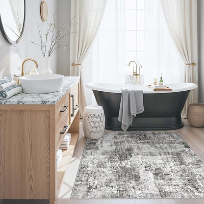 4x4 Square Entryway Rug Washable – Non-Slip Small Area Rug for Kitchen or Bathroom, Soft Low-Pile Indoor Mat, Modern Abstract Thin Door Carpet (Grey)