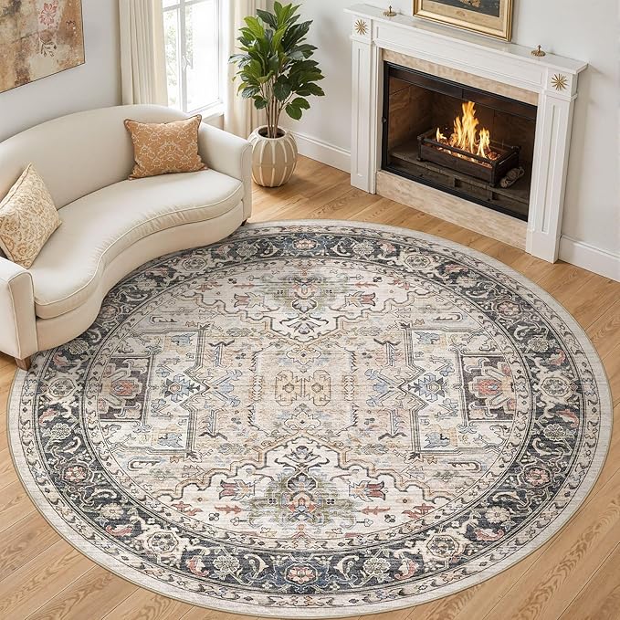 Area Rug for Living Room - 8x8 Large Soft Washable Oriental Vintage Floral Carpet Safe for Babies & Pets - Fade Stain Resistant Non Slip Rugs for Bedroom Dining Room Nursery Dorm Office Home Decor