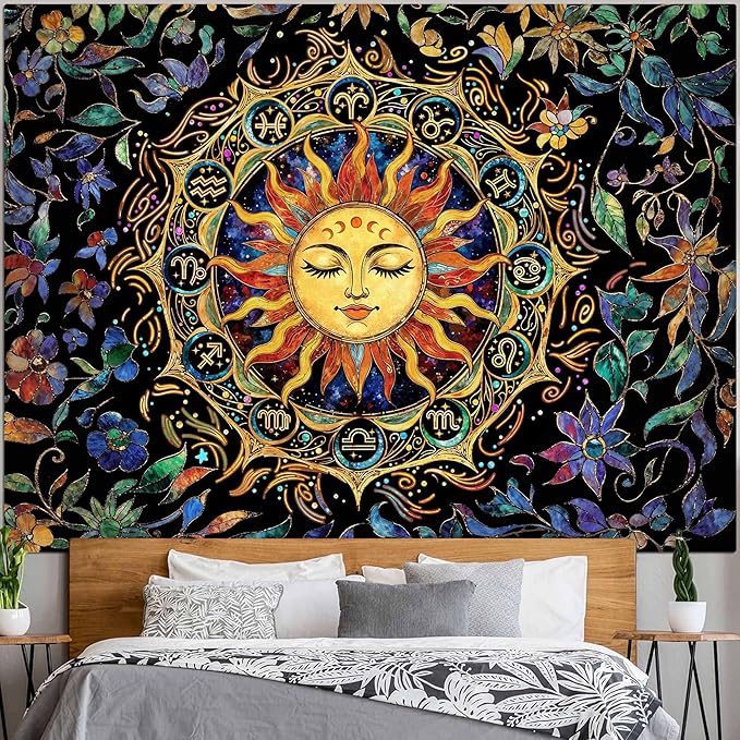 Neasow Mystic Hippie Sun Tapestry, Twelve Constellation Aesthetic Astrology Wall Art, Boho Stained Glass Floral for Living Room Bedroom Home Decor, 36x48 inches