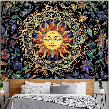 Neasow Mystic Hippie Sun Tapestry, Twelve Constellation Aesthetic Astrology Wall Art, Boho Stained Glass Floral for Living Room Bedroom Home Decor, 36x48 inches