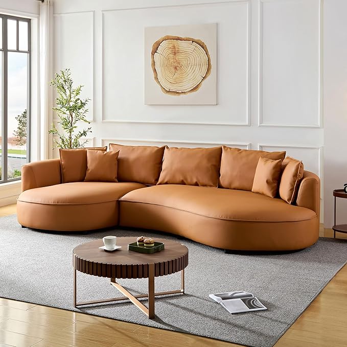 WILLIAMSPACE 124.8" Leather Curved Sofa Couch, Modern Upholstery Luxury Sofa with Pillows, Left Hand Facing Sectional Couch for Living Room (Left-Facing,Orange Leather)