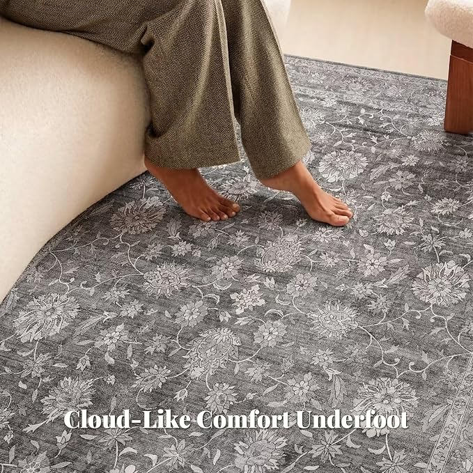 Washable 8x10 Area Rugs for Living Room, Boho Non-Slip Vintage Distress Large Rugs for Bedroom Dining Room Nursery Office, 0.3" Neutral Oriental Throw Thin Carpet, Grey/Multi, E3