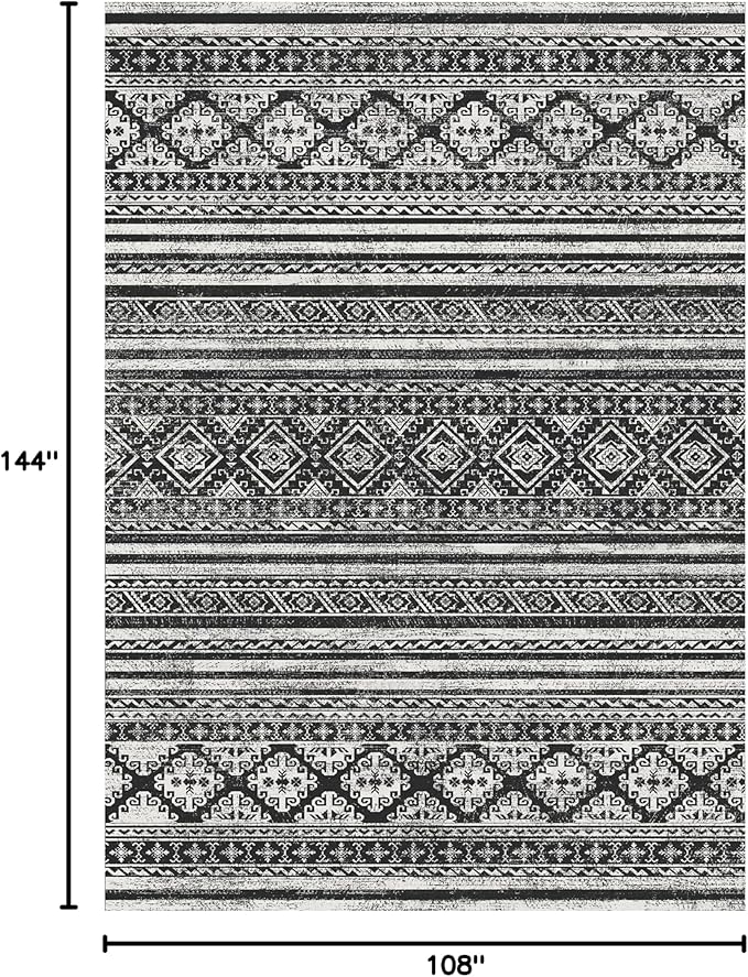RUGSURE Washable Area Rugs 9' x 12' - 1/6 Thick - Moroccan-Inspired -Stain & Water Resistant Non-Slip - Resistant Rug for Living Room, Bedroom, Nursery, Pet & Child Friendly (Black)
