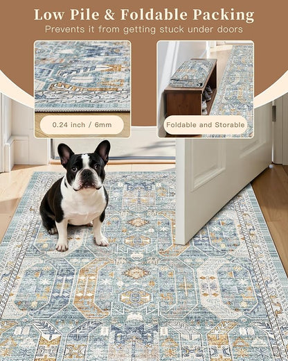 Madane Runner Rug 2x8, Washable Hallway Runner Rugs, Non-Slip Low-Pile Soft Kitchen Rug Runner Laundry Room Rug, Vintage Throw Entry Foyer Mat for Entrance Living Room (Blue/Gold, 2 x 8)
