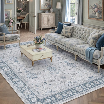 PureCozy 6x9 Area Rug Blue Washable Vintage Carpet Living Room Bedroom Large Non Slip Stain Soft Resistant Low Pile Thin Boho Accent Indoor Throw Rug for Dining Room Office