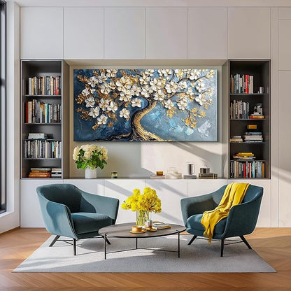 SERIMINO Gold Tree of Life Large Wall Art, Abstract Tree Oil Painting Art Prints, Cherry Blossom Flower Canvas Art Wall Decor, Modern Aesthetic Wall Pictures for Living Room Bedroom Office 29"X57"