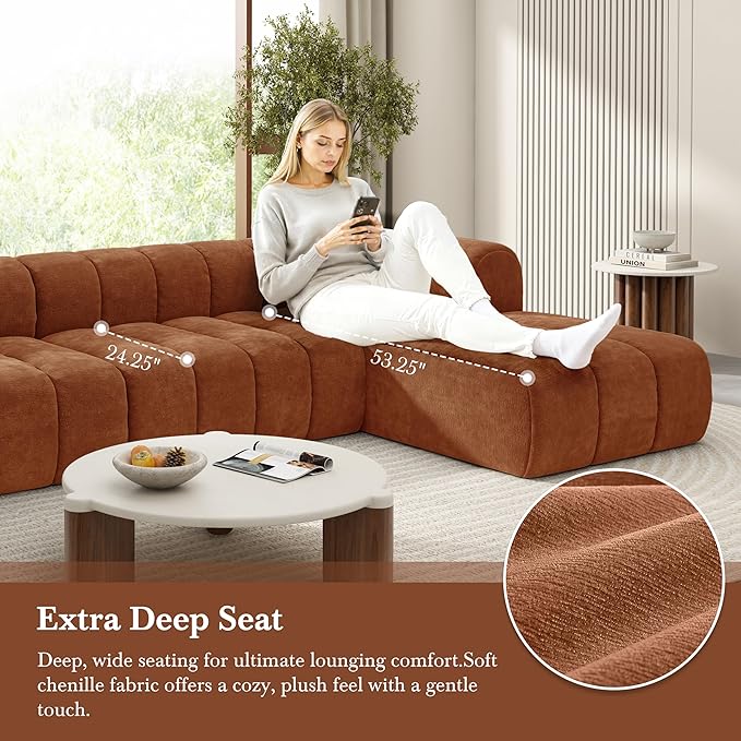 Christopher Knight Home Mania 122" Modular L-Shape Sofa Couch with Chaise Lounge, Modern Sectional Sofa Set for Living Room, Boucle Fabric Upholstered Cloud Couch with Deep Seat, Orange