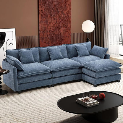 Ihanherry 111.4" L Shaped Cloud Sofa with Ottoman Modular Sectional Modern Couch, 4-Seat Chenille Deep Seat Sofa with Pillow for Living Room, Bedroom and Apartment, Blue