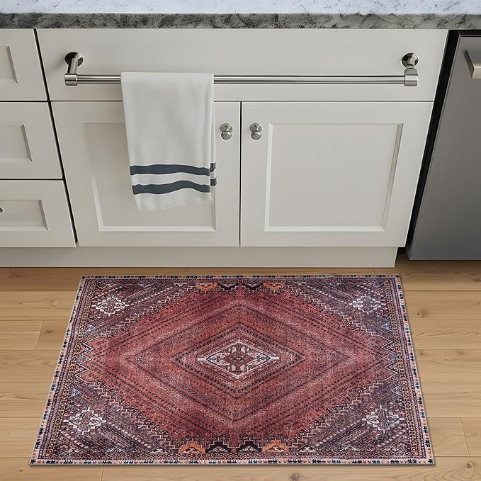 Bloom Rugs Washable Non-Slip 2' x 3' Rug - Red/Multicolor Traditional Bordered Area Rug for Living Room, Bedroom, Dining Room, and Kitchen - Exact Size: 2' x 3'